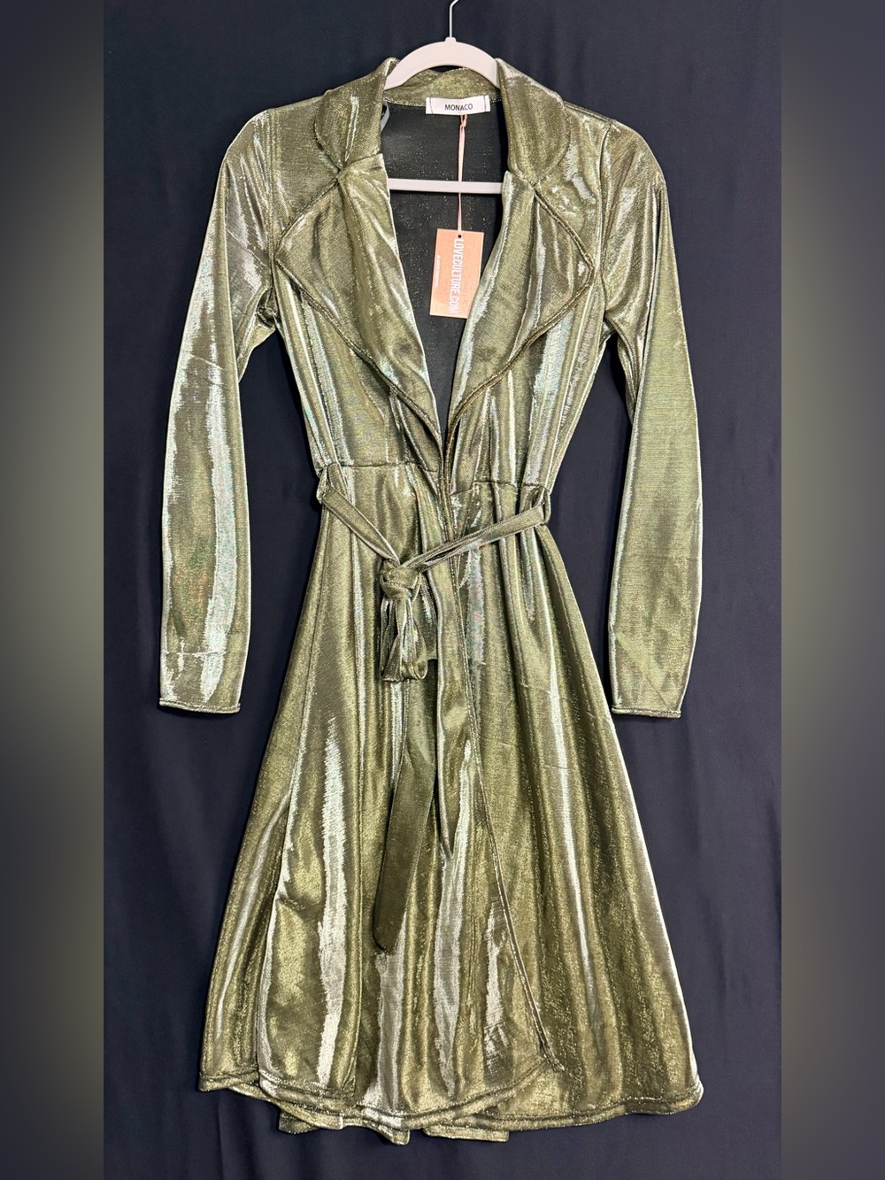monaco Metallic Olive Green Long Sleeve Wrap Dress with Belt